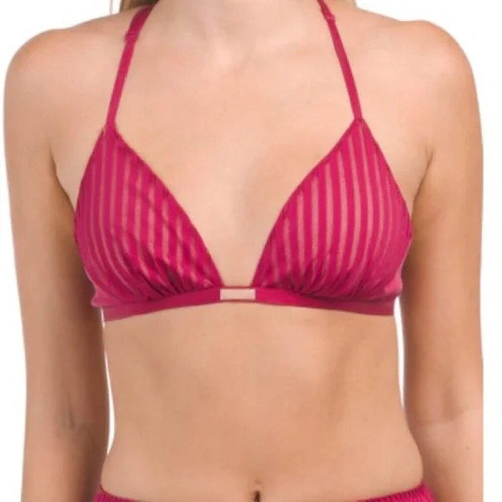 Lunya Stretch Stripe Silk Bra Bralette Raspberry Pink Large